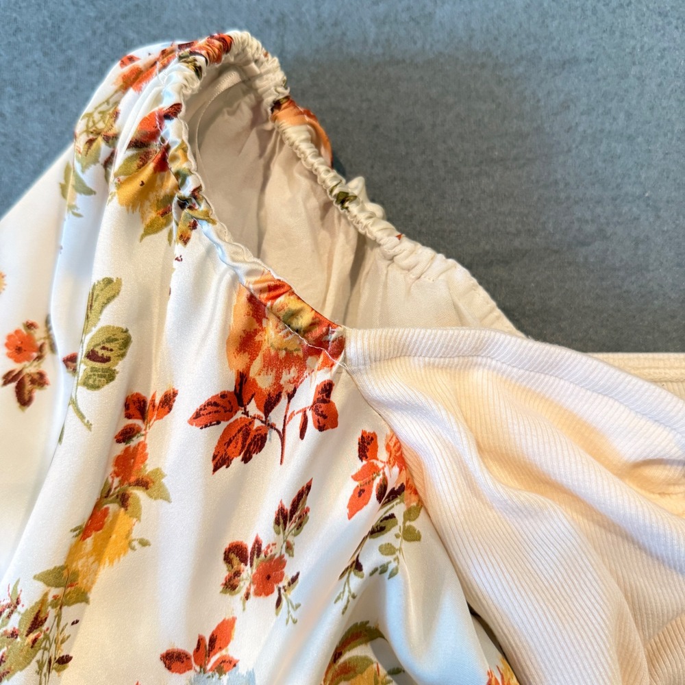 Puff Sleeve Floral Bodysuit – Cream Ribbed Knit Romantic Coquette Top – M - Picture 11 of 16